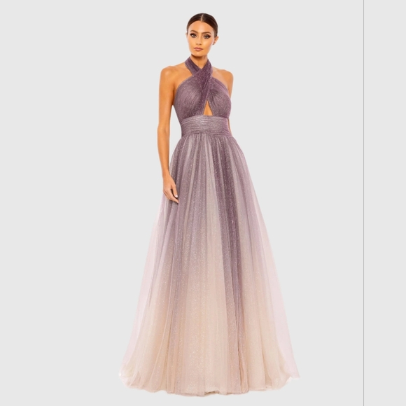 NWT Sz 16 Mac Duggal 20376 Glitter Charcoal Ombre Halter Neck Ballgown - Picture 1 of 6
